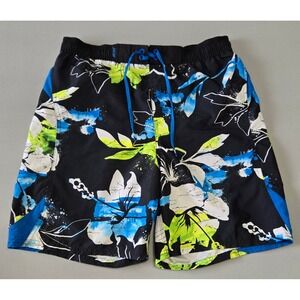 Nike Swim Trunks Mens Medium Black Blue Tropical Floral Mesh Lined Board Shorts